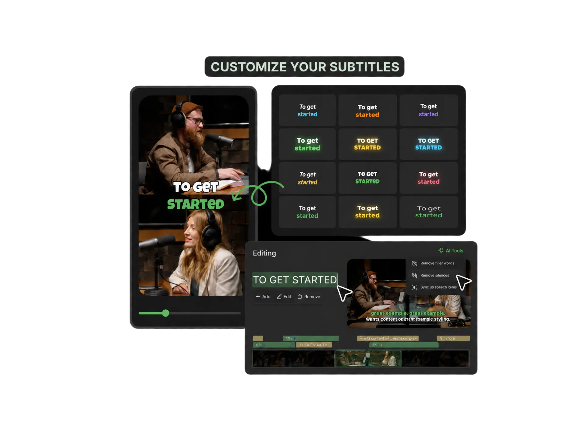 Editable and customizable subtitle editor with options for text, fonts, colors, and animations.